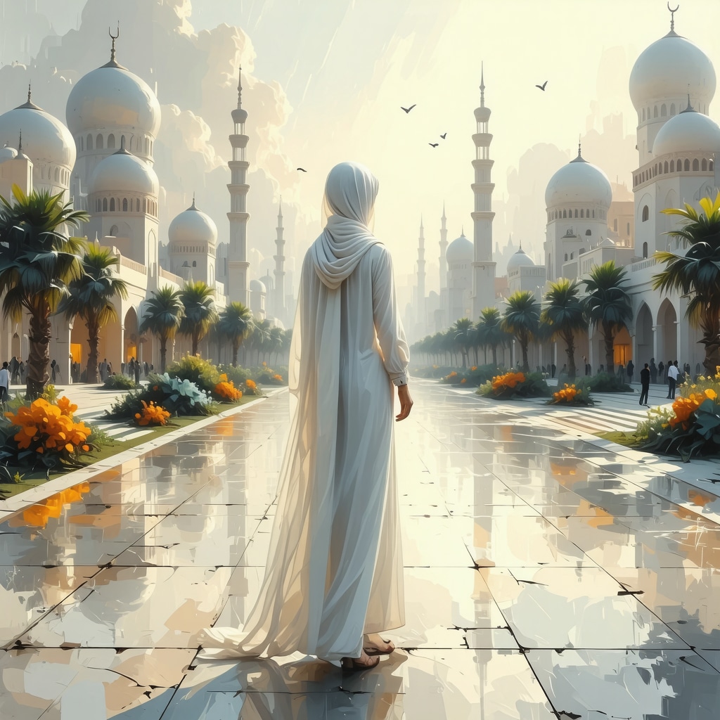 Ilustración simbólica de una mujer con hidzab blanco entre arquitectura islámica tradicional y ciudad moderna representando identidad espiritual y social en sueños