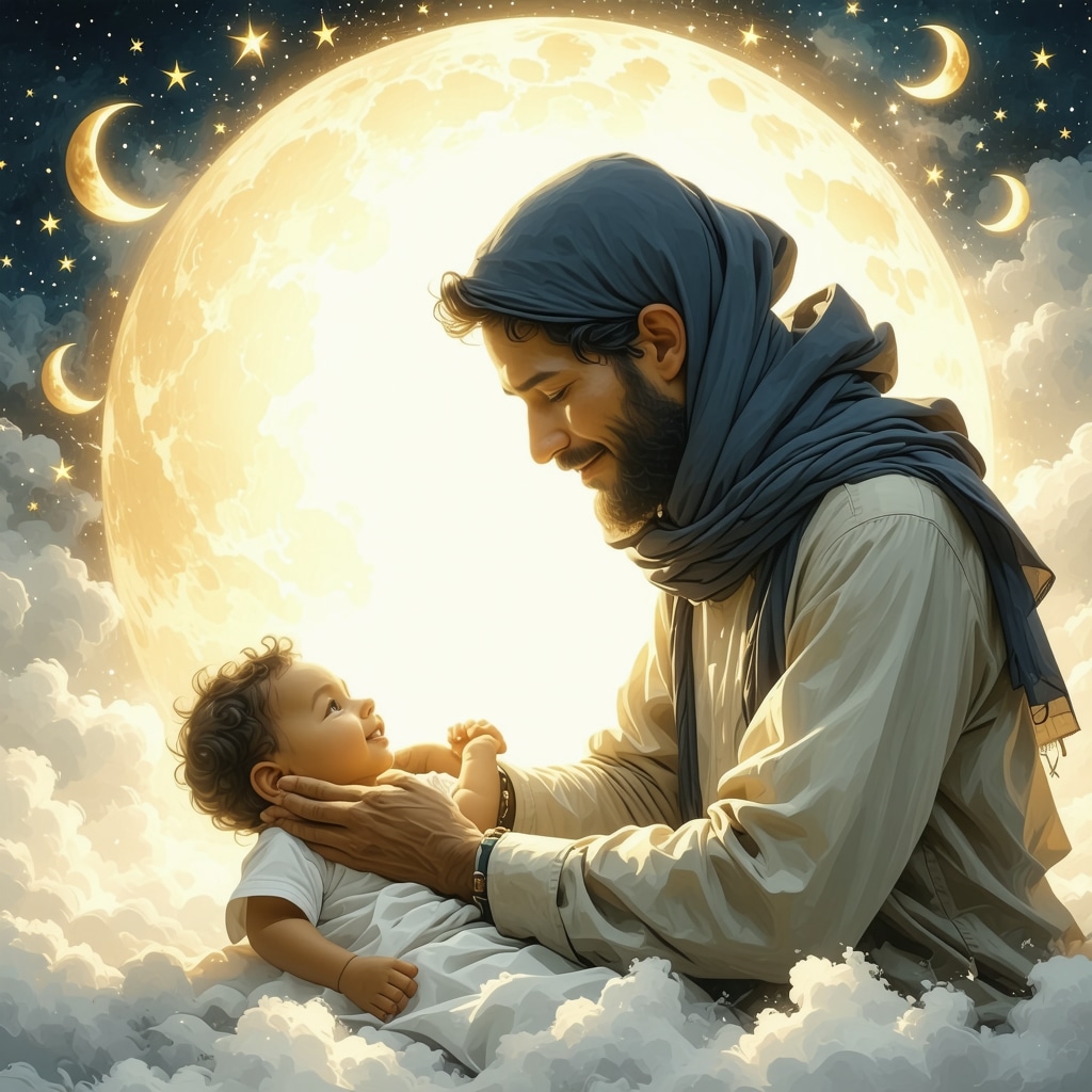 Muslim person reflecting on a dream with a radiant baby symbolizing divine guidance