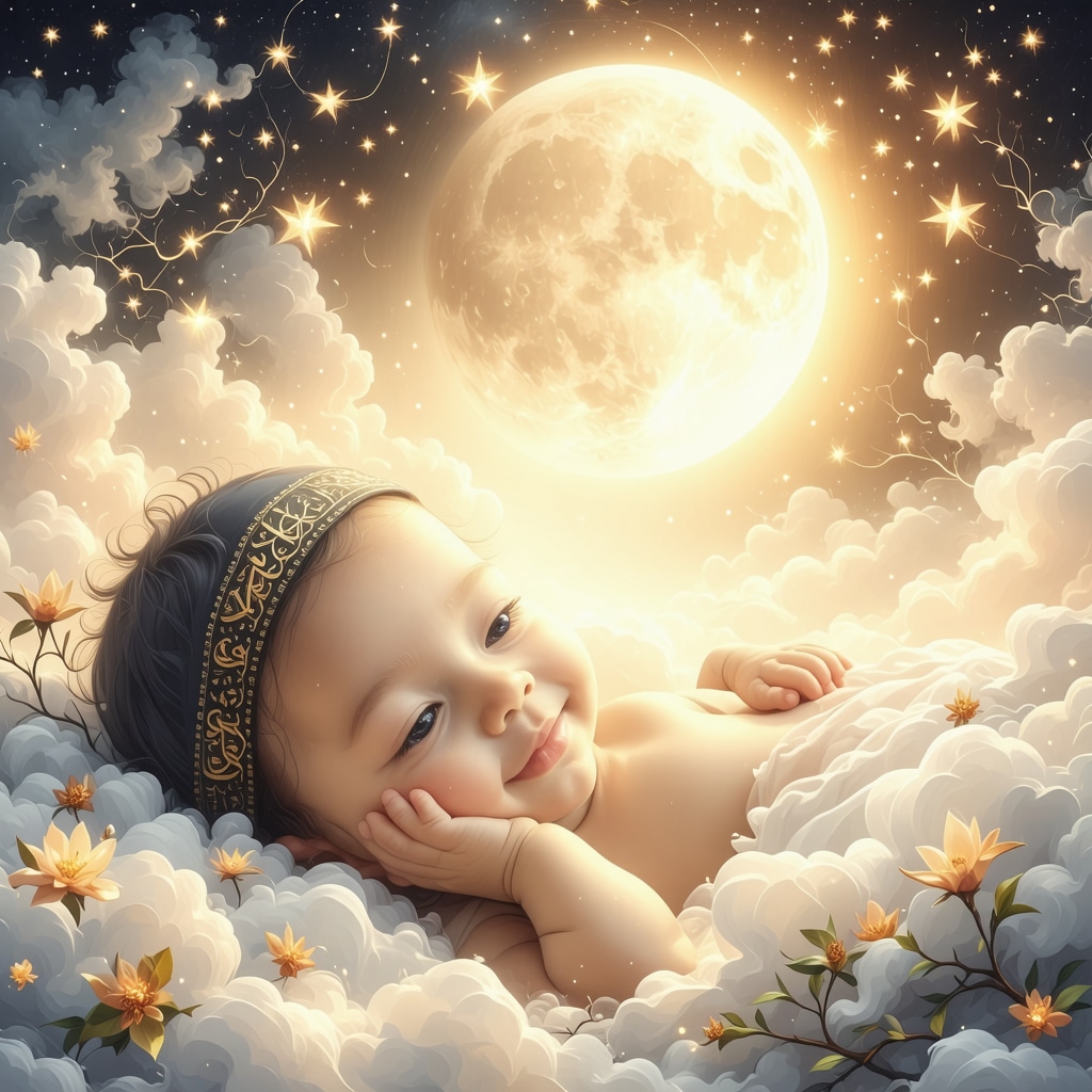 Artistic depiction of a baby surrounded by ethereal light and Quranic calligraphy symbolizing purity and new beginnings in Islamic dreams