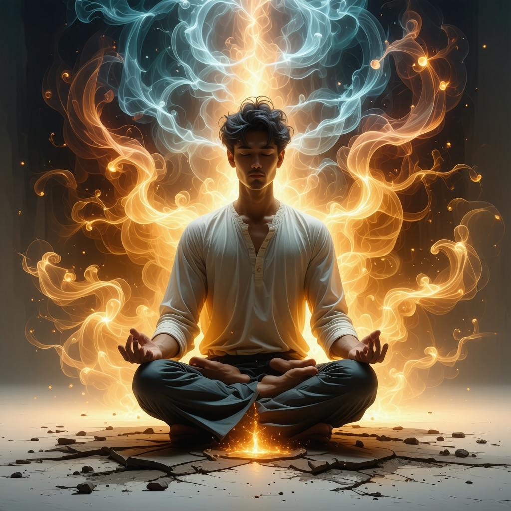 Person meditating surrounded by symbolic elements of war and peace representing inner conflict in Islamic dream interpretation