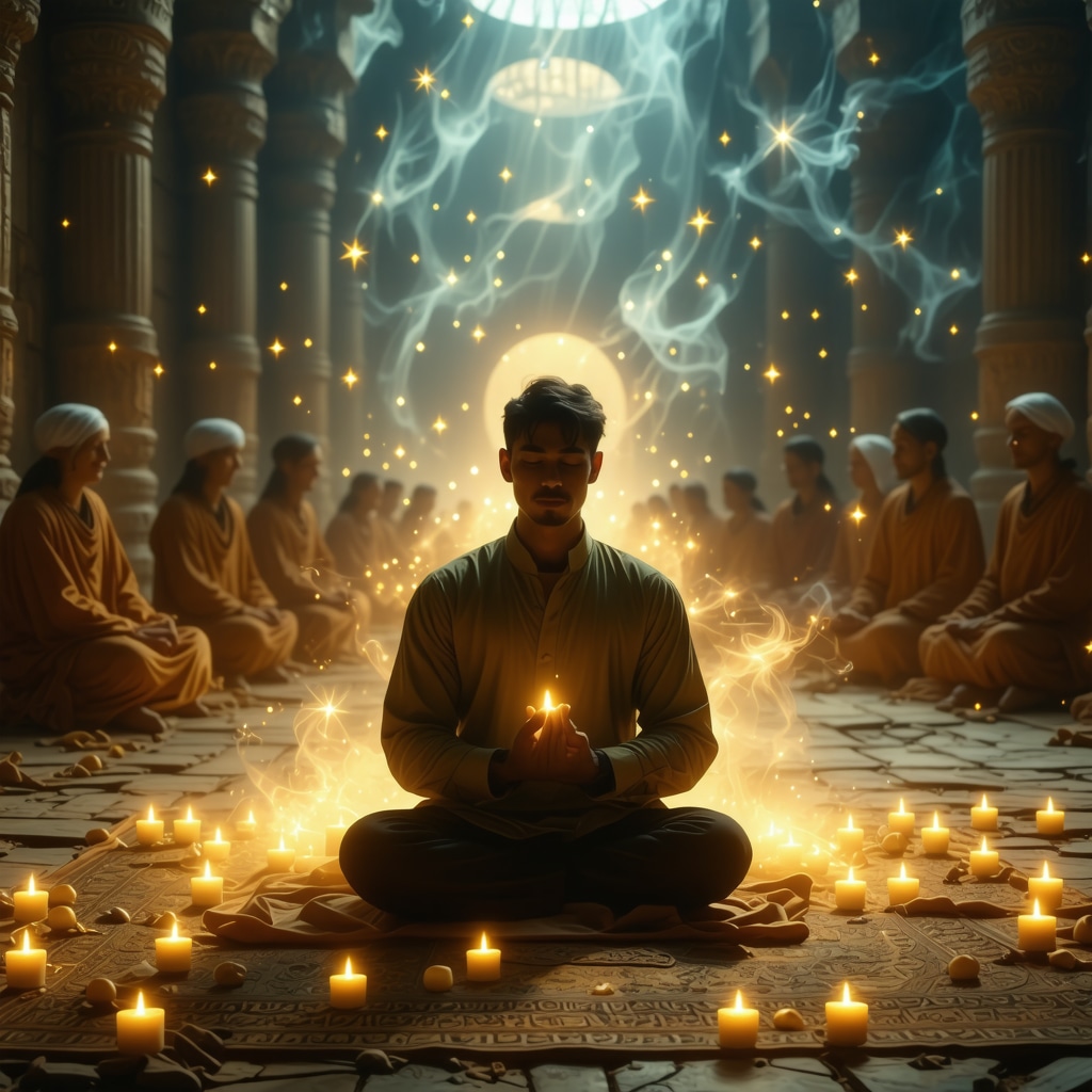 Person meditating with ethereal protective figures and glowing Quranic verses symbolizing Islamic spiritual practices