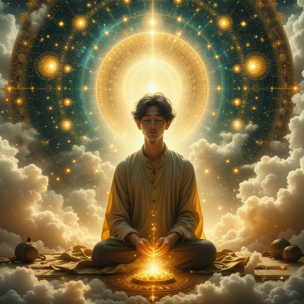 Person in contemplation surrounded by symbolic birth and Islamic spiritual elements in a dreamlike setting