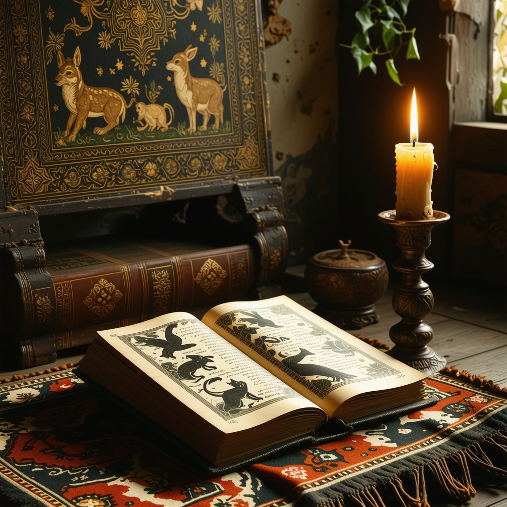 Islamic study room with open dream interpretation book and symbolic images of glisté and animals