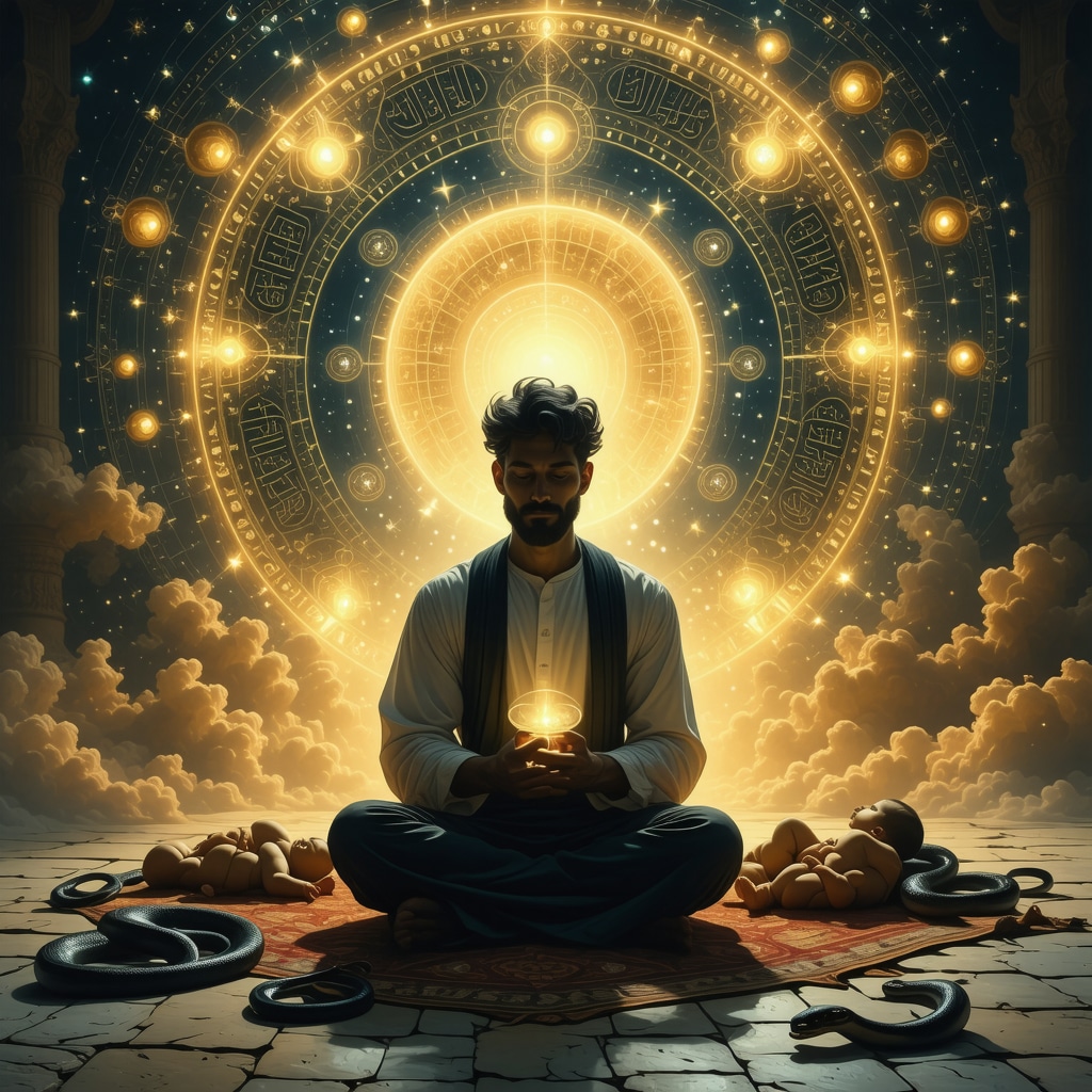 Illustration of a muskarca surrounded by spiritual Islamic symbols in a dreamlike night scene