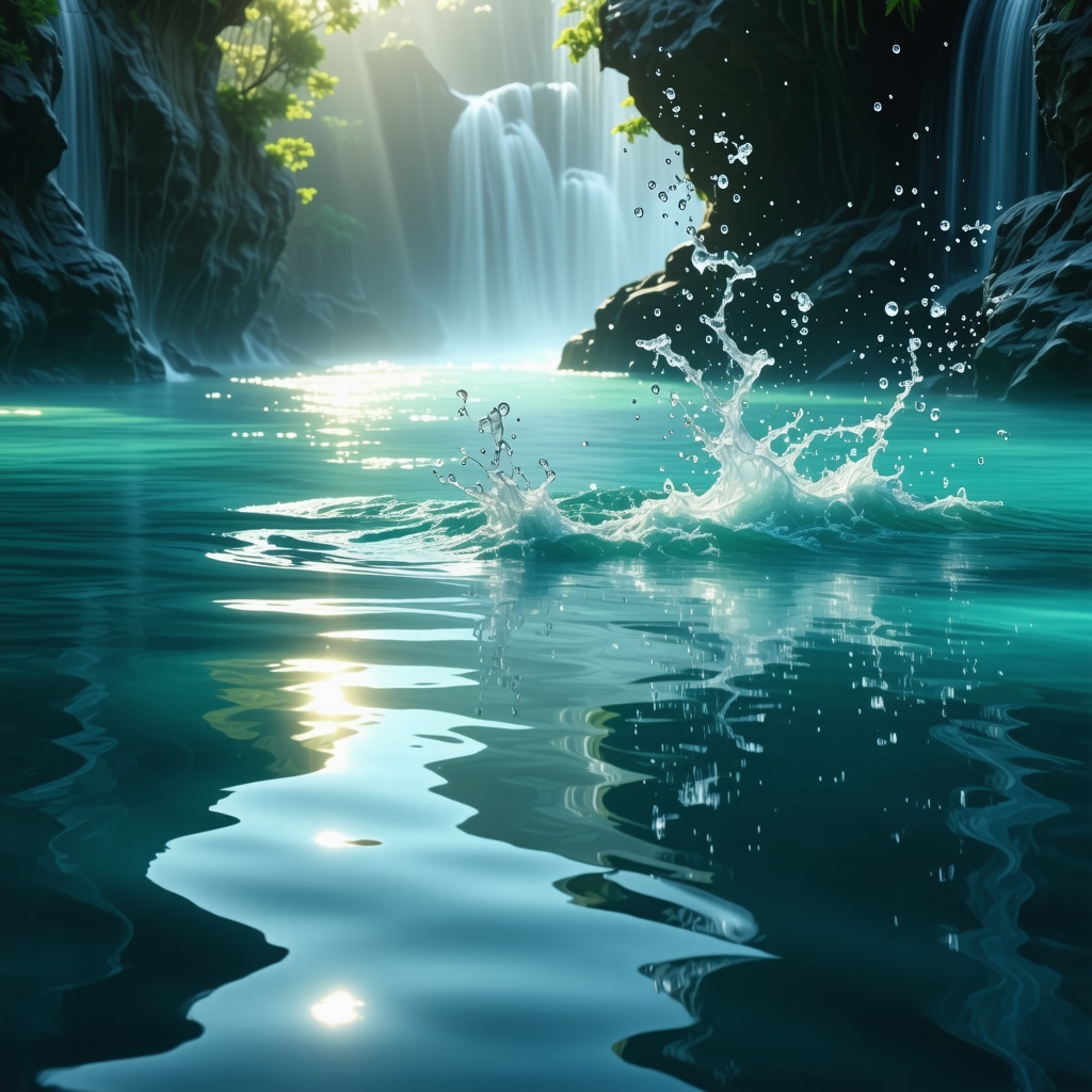 Illustration of water symbolism with Islamic calligraphy and flowing water in a mystical setting