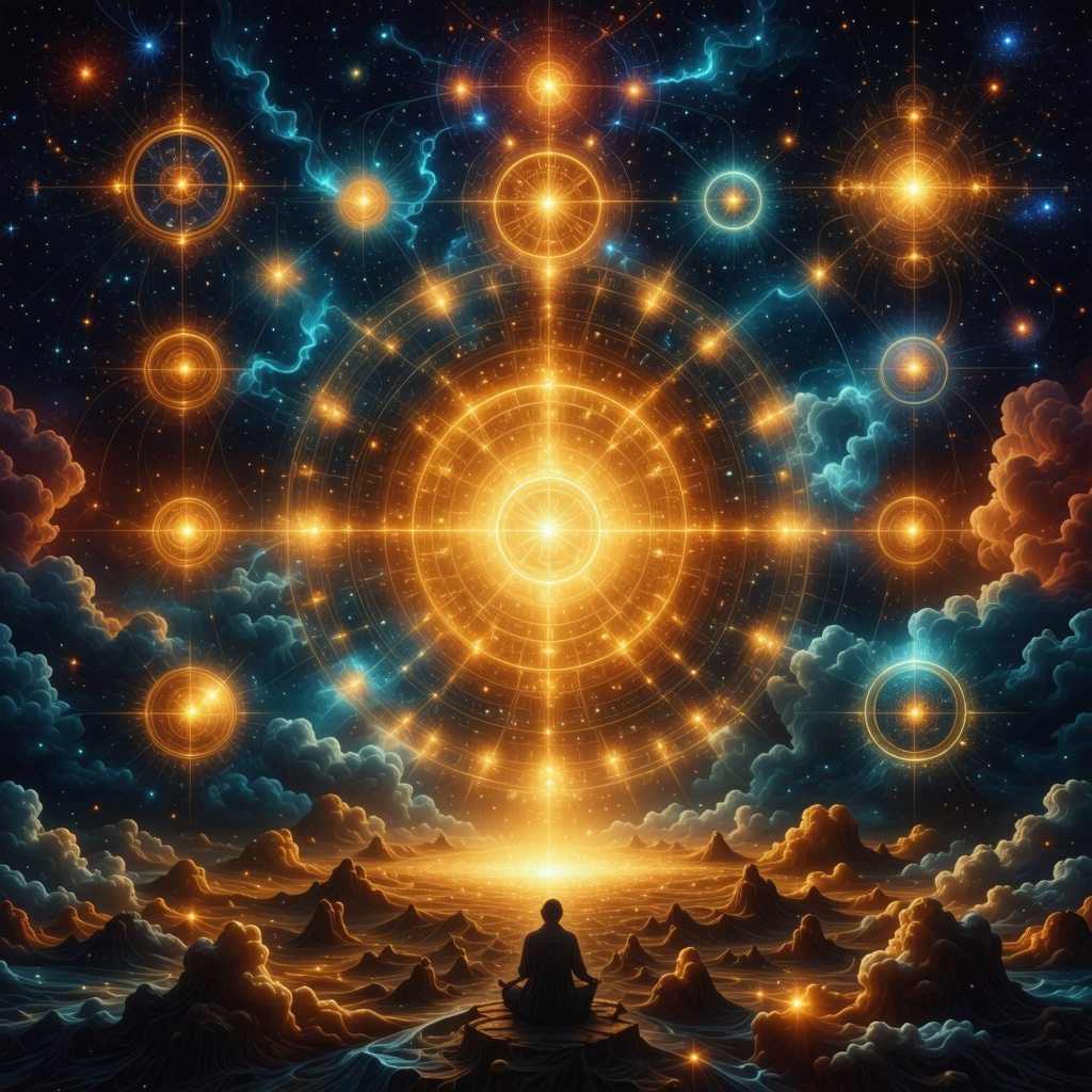 Abstract depiction of bivseg momka in a spiritual dream with glowing symbols