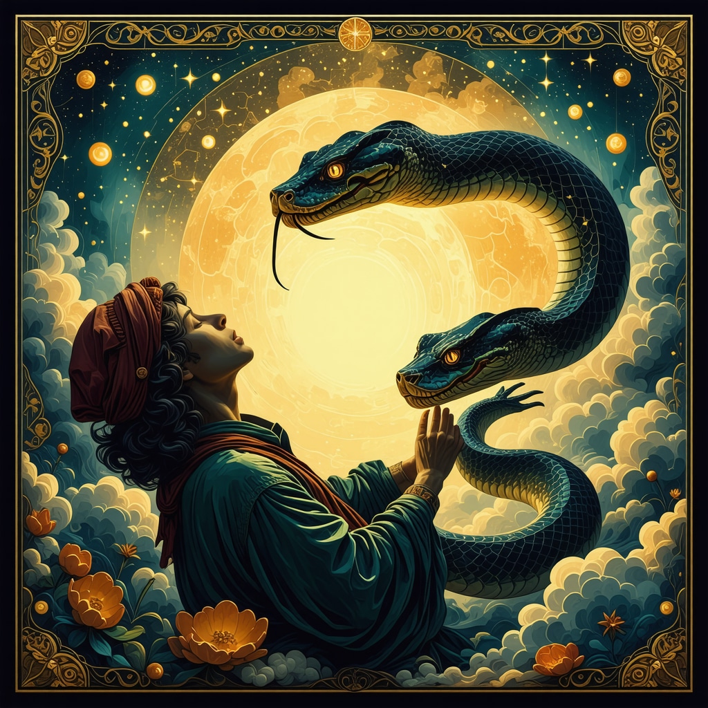 A person dreaming of a snake with Islamic symbols, illustrating spiritual interpretation of dreams.