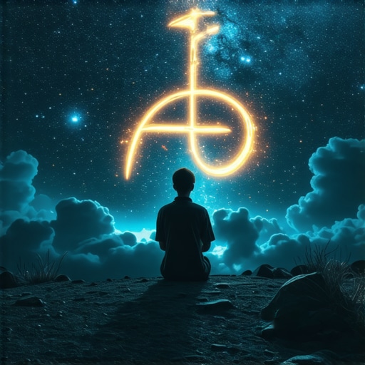 A person peacefully dreaming of a glowing ribu symbol in a serene night setting