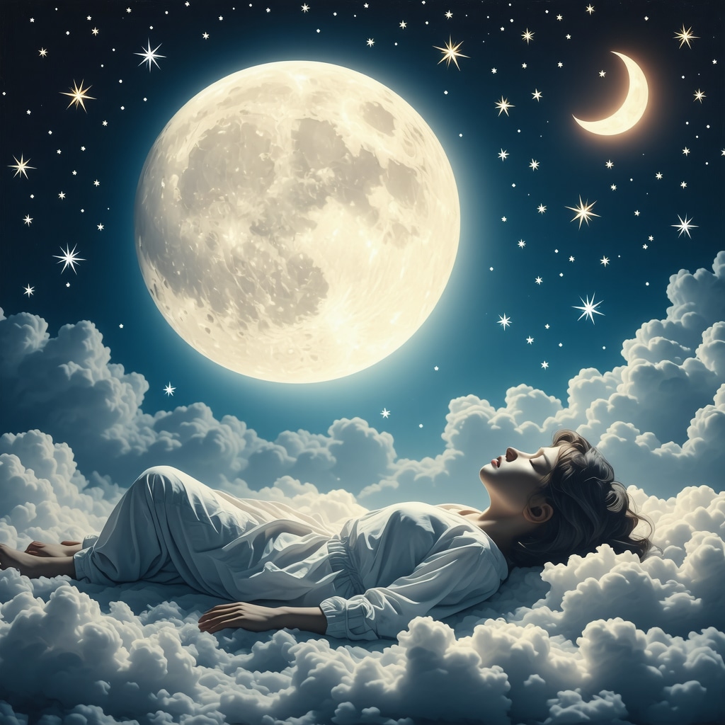 A person peacefully sleeping under moonlight surrounded by spiritual symbols