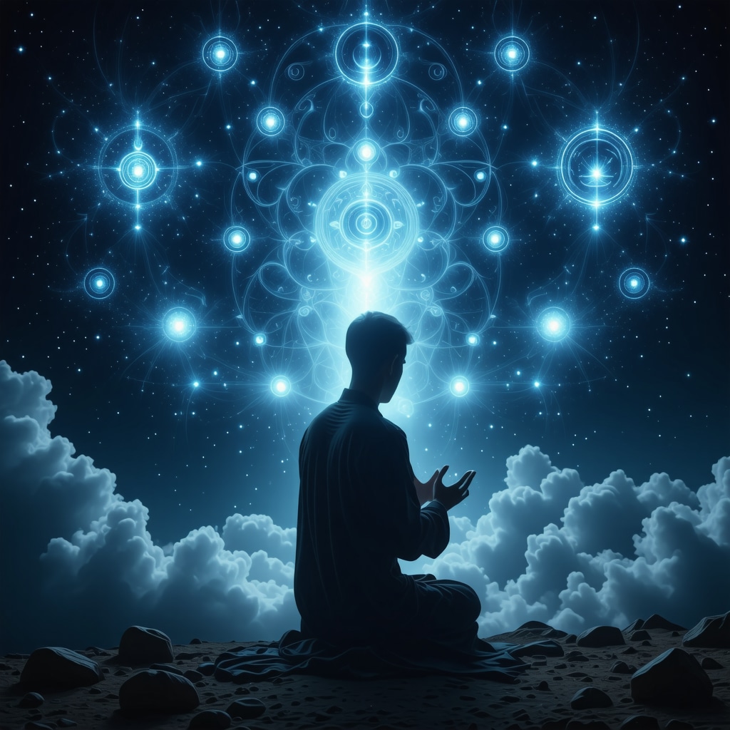 Persona en oración nocturna rodeada de símbolos oníricos de purificación y luz mística islámica