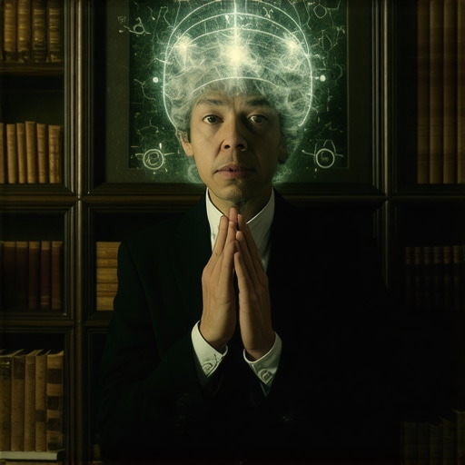 Persona espiritual analizando sueños con símbolos de la cabeza en un entorno de estudio y reflexión