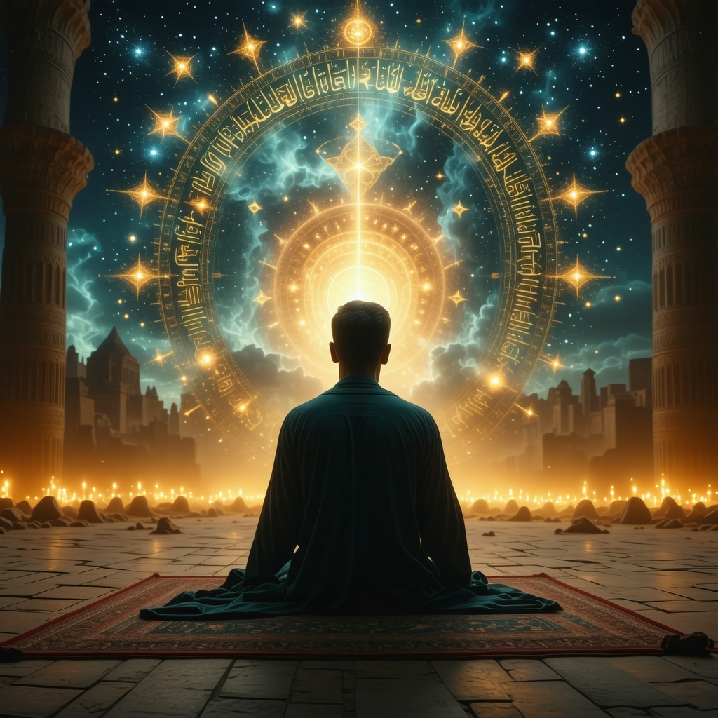 Persona en meditación rodeada de símbolos islámicos y la figura enigmática de Vatru en un ambiente onírico