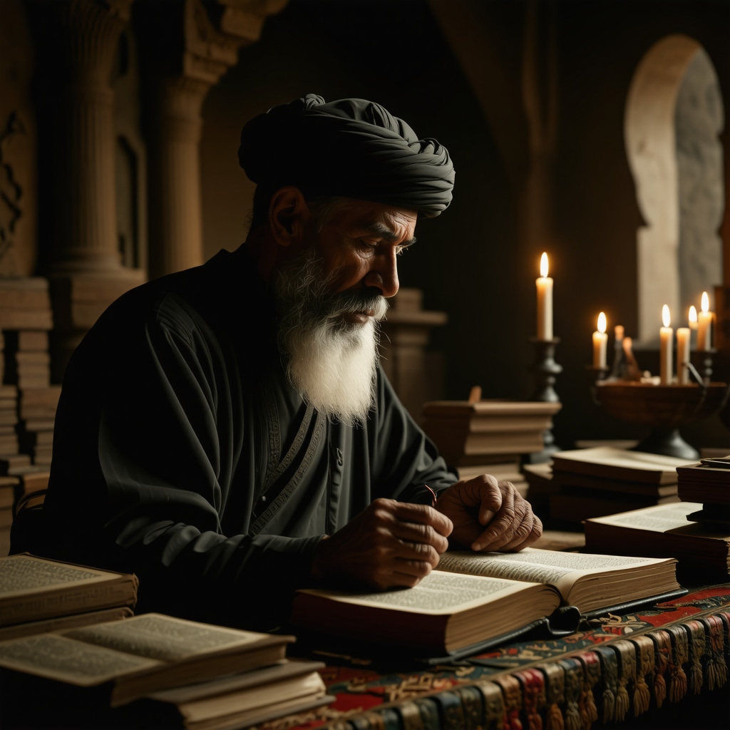 Islamic scholar surrounded by manuscripts and candlelight, reflecting on spiritual dream interpretation