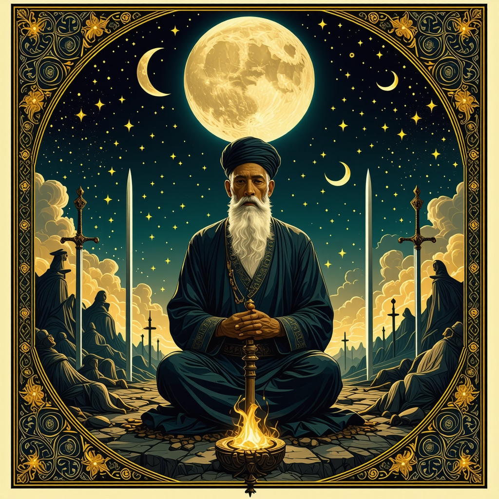 Islamic scholar meditating at night with symbolic war elements and Quranic calligraphy