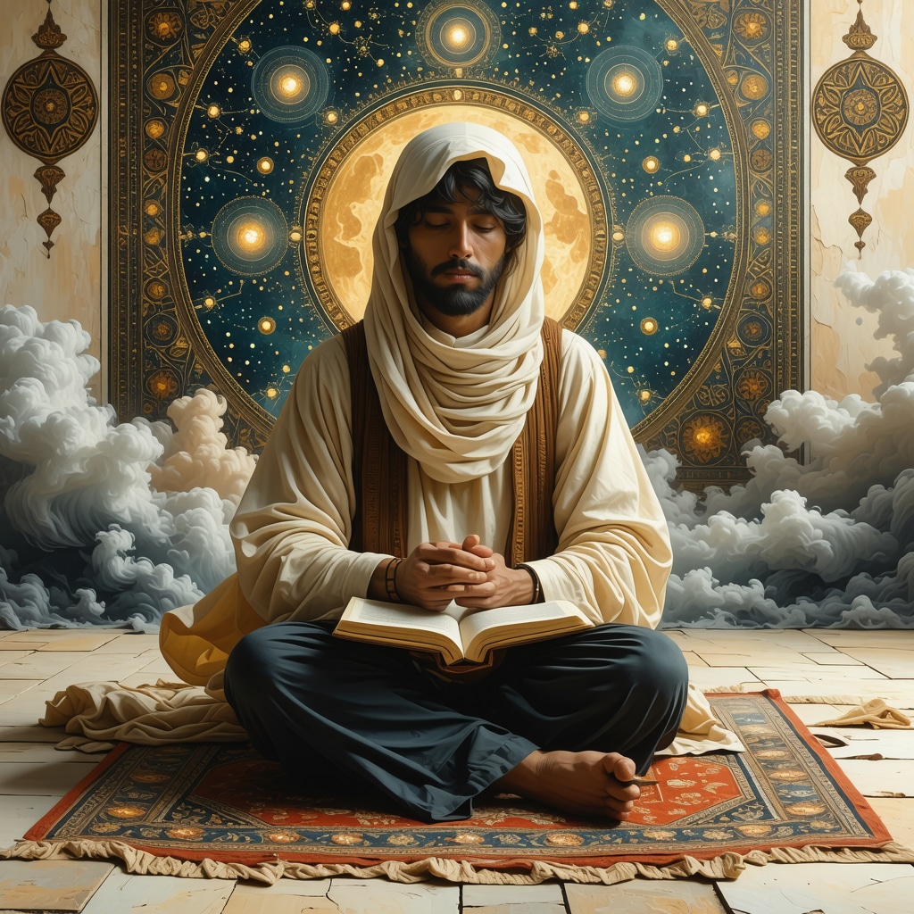 Muslim scholar meditating with Quran and dream journal symbolizing pregnancy and spiritual growth