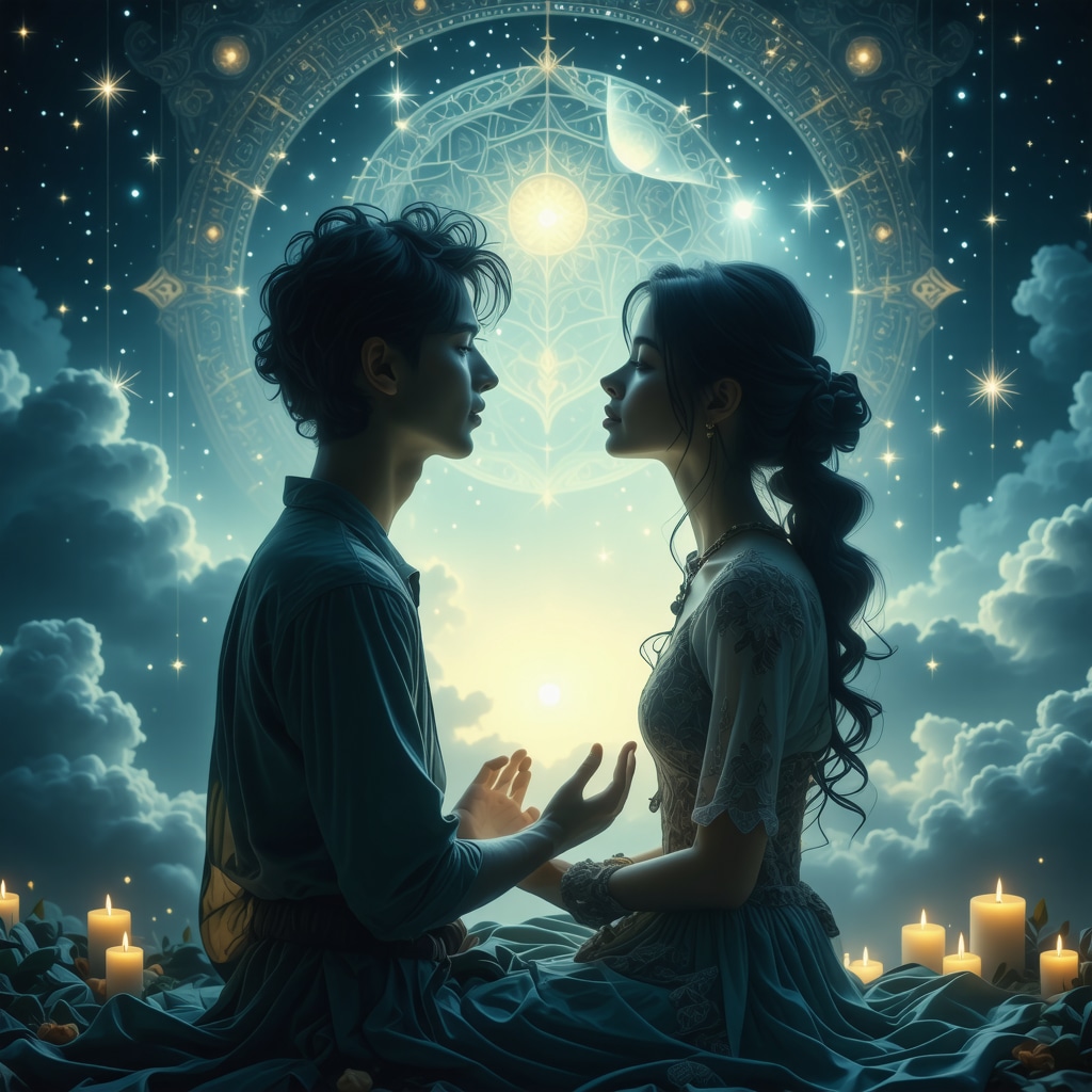 Persona en meditación nocturna con símbolos islámicos y amor pasado en sueños