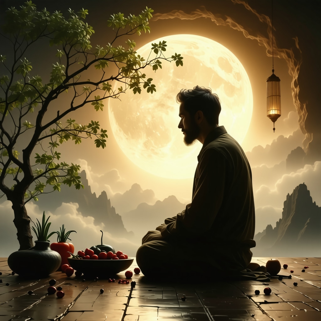 Person contemplating dreams with symbolic vegetables in a peaceful Islamic setting.