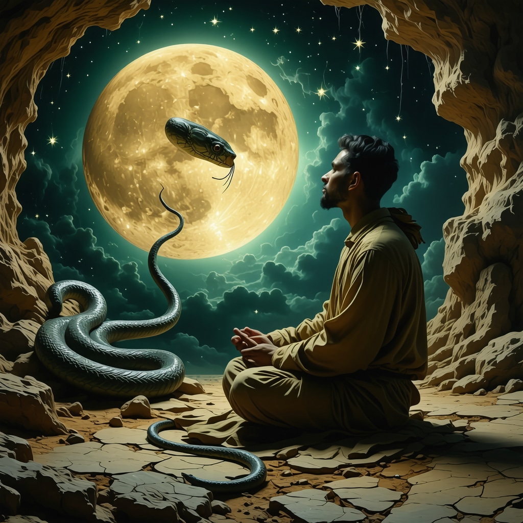 Persona meditando sobre el simbolismo de una serpiente en sueños, en un entorno espiritual y tranquilo.