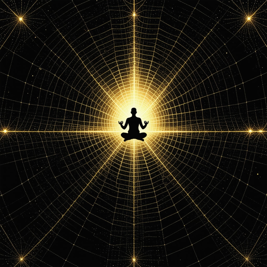 Spider weaving a glowing web over a meditating figure with Islamic art motifs