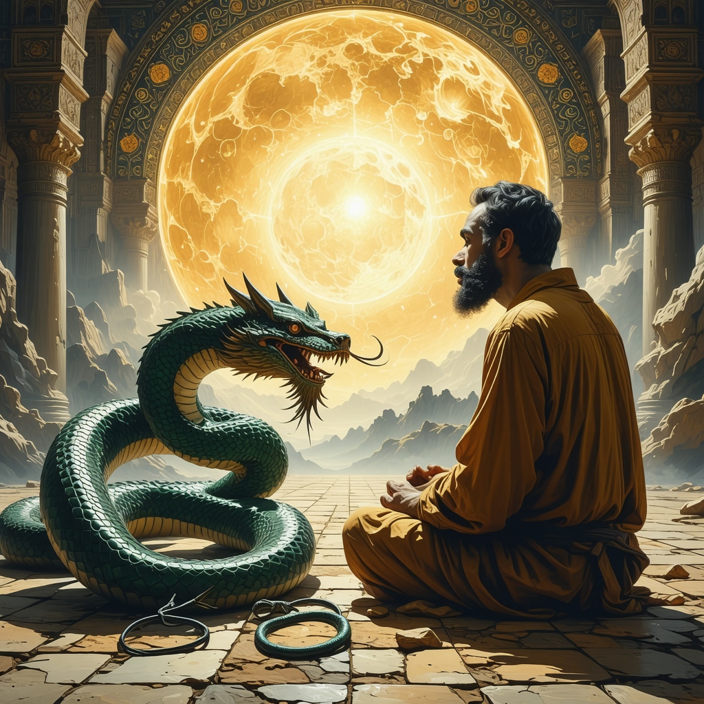 Persona soñando con serpiente en un entorno espiritual con motivos islámicos.
