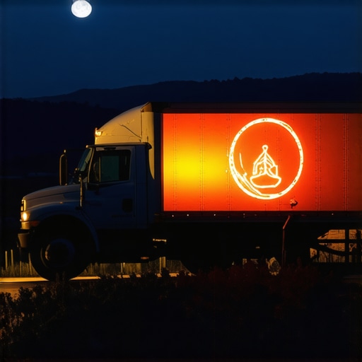 Camión espiritual en la noche Ilustración de un camión simbolizando un camino espiritual iluminado por la luna en una noche tranquila.