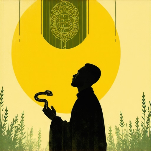 Person reflecting on a dream about a snake with Islamic symbols