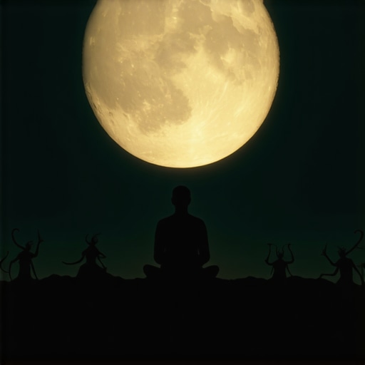 Person meditating at night with mystical djinn figures in the background for spiritual interpretation