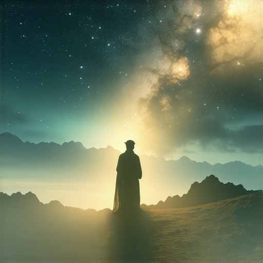 A mystical night scene illustrating divine guidance in dreams with an ethereal figure in Islamic art style
