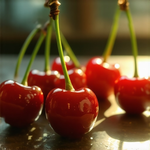 Divine Guidance through Dream Interpretation A mystical scene depicting ripe cherries glowing with divine light, symbolizing spiritual abundance in Islamic dream symbolism.