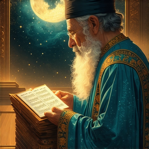 Islamic scholar analyzing dreams with fasting symbols, spiritual setting