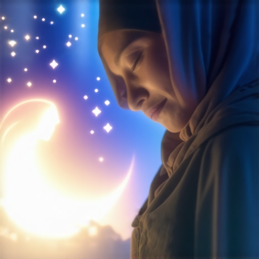 A serene Muslim woman sleeping peacefully, dreaming of her mother with spiritual symbols around