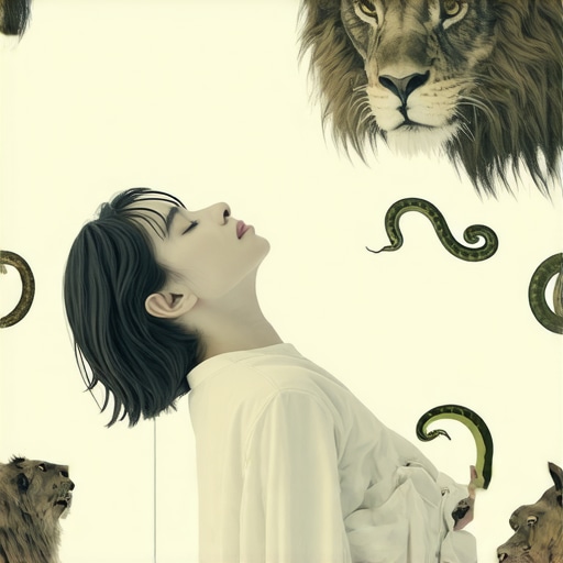 Illustration of a person dreaming with lions and snakes, symbolizing challenges and spiritual messages