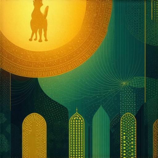 An artistic depiction of a mystical Islamic dream with a cat and spiritual symbols