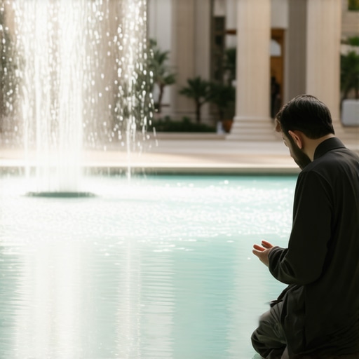 Espiritualidad y purificación en el Islam Persona rezando junto a una fuente de agua clara en un entorno islámico