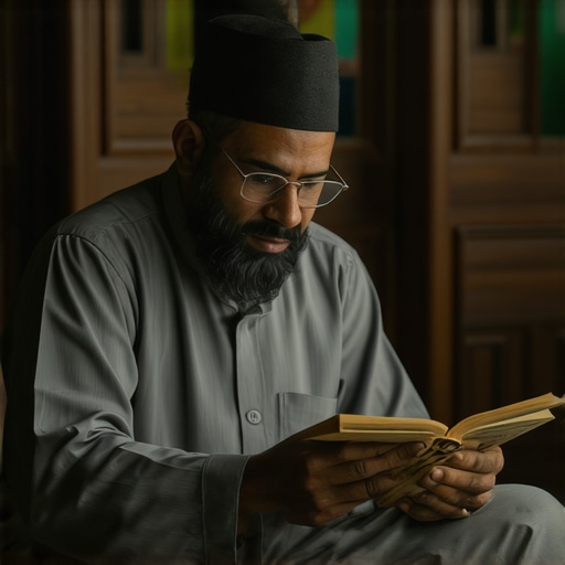 Islamic scholar analyzing dream symbols with traditional texts