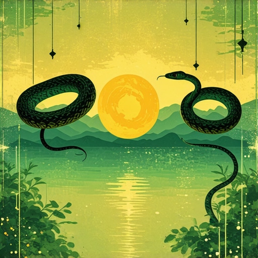 Escena simbólica de sueños islámicos con serpientes y elementos espirituales