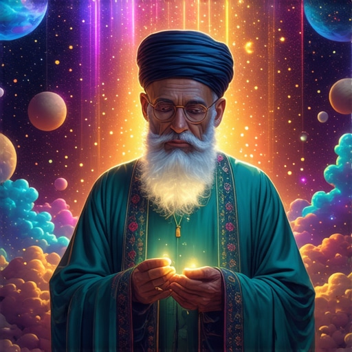 Interpretación de sueños en el Islam con símbolos tradicionales Imágen de un erudito islámico interpretando sueños y símbolos espirituales