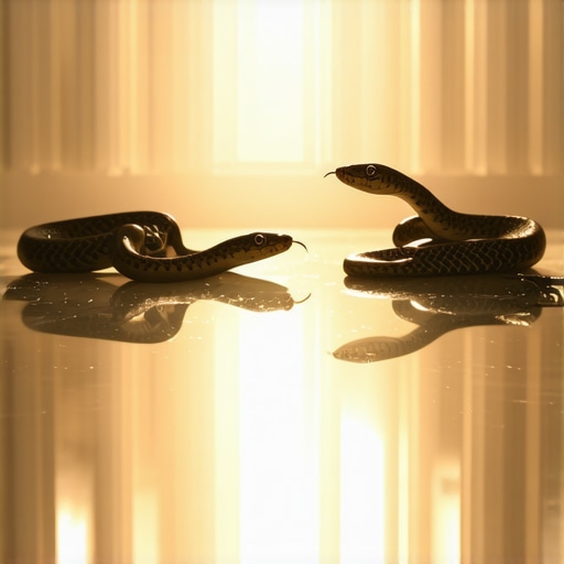 Escena simbólica de interpretación de sueños islámicos con serpientes y elementos espirituales