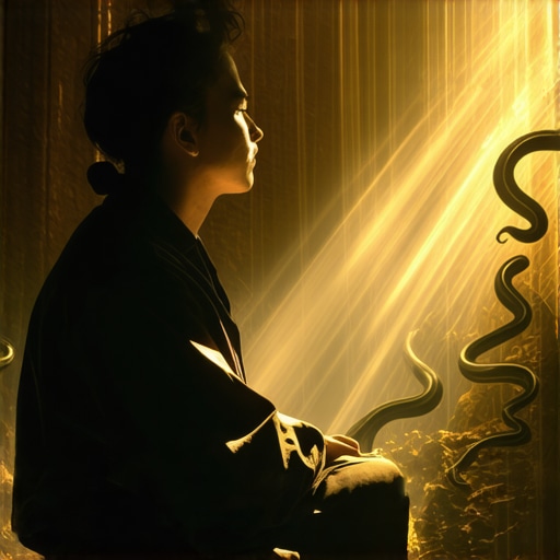 A person in deep contemplation about a dream involving snakes, illuminated by spiritual light