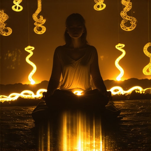 Person meditating at night with symbols of snakes around during dreams