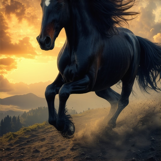 Illustration of a black horse galloping through a spiritual landscape, symbolizing strength and divine protection.