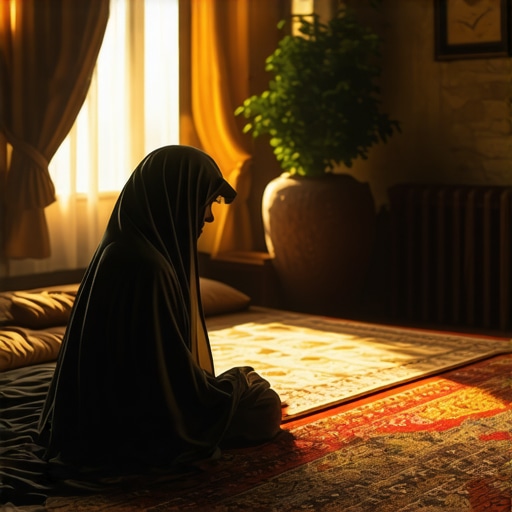Reflexión espiritual con hljeb en el Islam Una habitación islámica tranquila con prendas modestas y símbolos espirituales, que enfatiza la introspección y la fe.