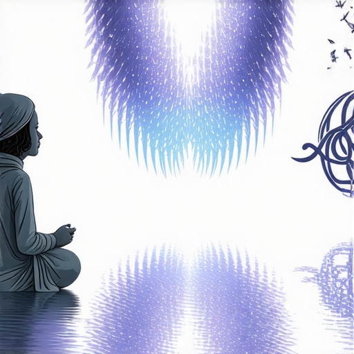 Persona en meditación profunda con símbolos de muerte y transformación en un entorno islámico tranquilo.