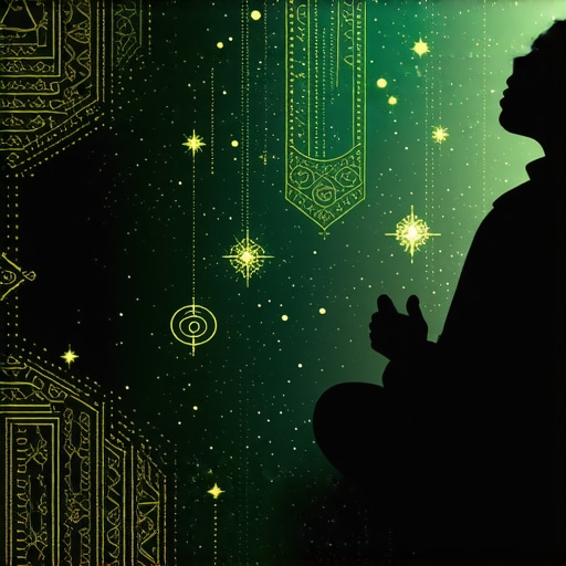 Persona reflexionando sobre sueños con símbolos islámicos y motivos espirituales