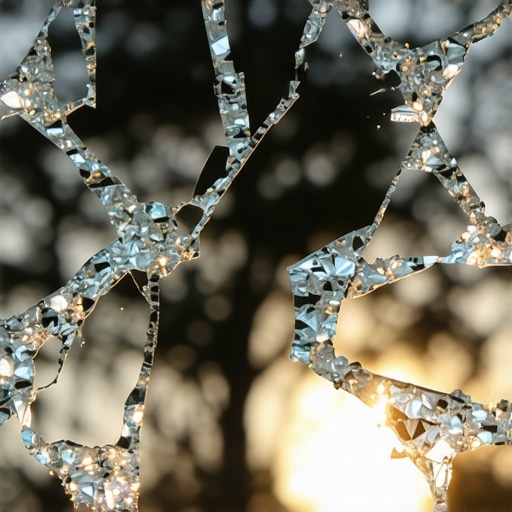 Mirror shattered into pieces reflecting light, representing spiritual introspection and transformation
