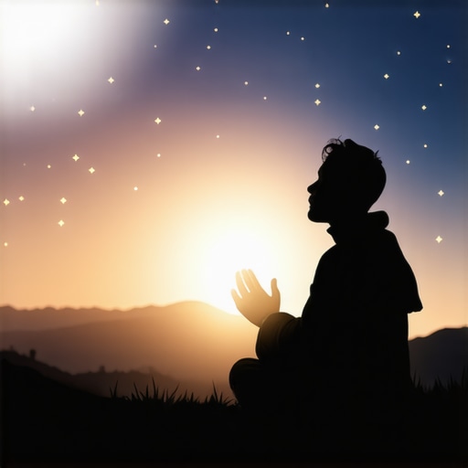 Conexión espiritual con la figura materna en sueños Persona en oración nocturna con brillo etéreo simbolizando la conexión espiritual con la madre