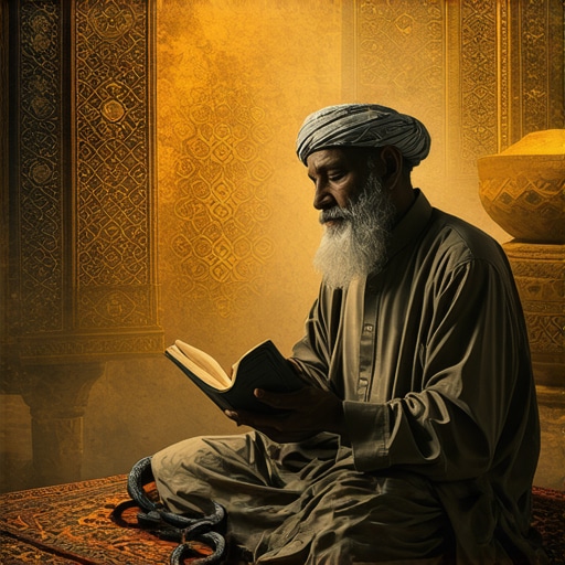 Deep Islamic Dream Interpretation of Snakes Islamic scholar analyzing dream symbols about snakes with spiritual ambiance.