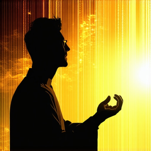 Person contemplating spiritual symbols from dreams in Islamic art style