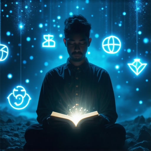Deep spiritual interpretation of dreams in Islam Person meditating with Quran and floating dream symbols representing spiritual insights