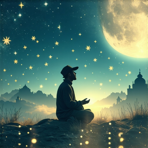 A person dreaming with symbols of wealth and spirituality in a tranquil night scene